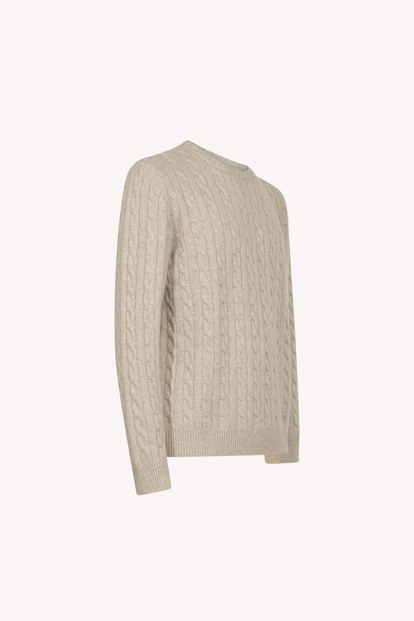 Maglia Girocollo a Trecce 6 Fili in Puro Cashmere Ghiaia