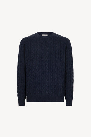 Marine Blue Pure Cashmere 6-Ply Cable-Knit Crew Neck