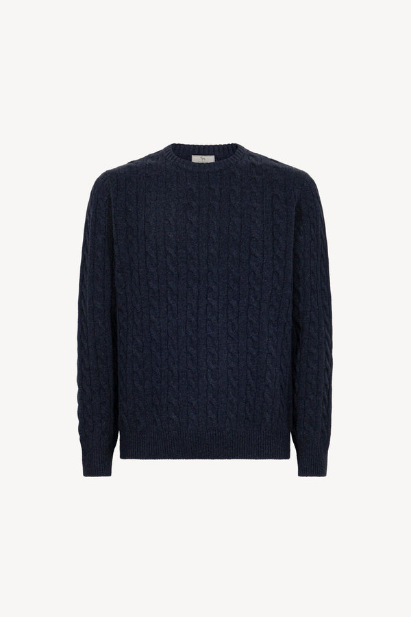 Marine Blue Pure Cashmere 6-Ply Cable-Knit Crew Neck