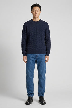 Marine Blue Pure Cashmere 6-Ply Cable-Knit Crew Neck