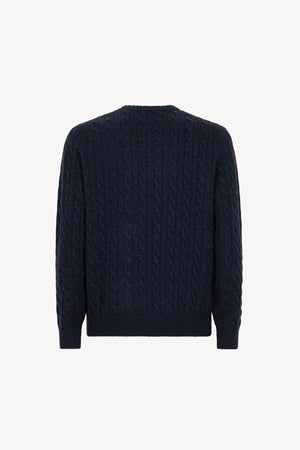 Marine Blue Pure Cashmere 6-Ply Cable-Knit Crew Neck