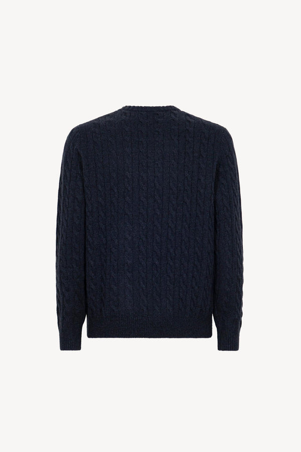 Marine Blue Pure Cashmere 6-Ply Cable-Knit Crew Neck