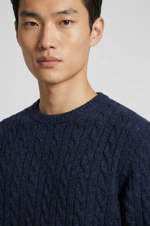 Marine Blue Pure Cashmere 6-Ply Cable-Knit Crew Neck