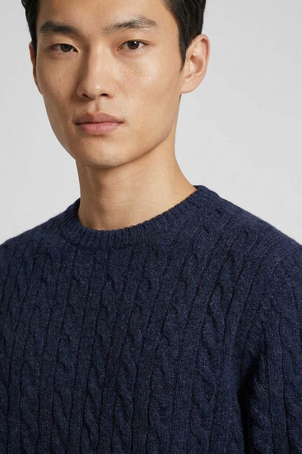 Marine Blue Pure Cashmere 6-Ply Cable-Knit Crew Neck