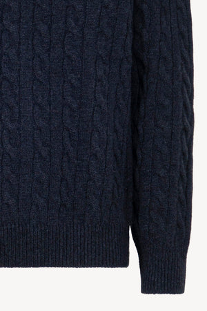Marine Blue Pure Cashmere 6-Ply Cable-Knit Crew Neck