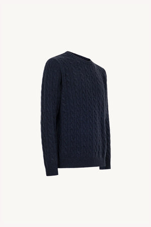 Marine Blue Pure Cashmere 6-Ply Cable-Knit Crew Neck