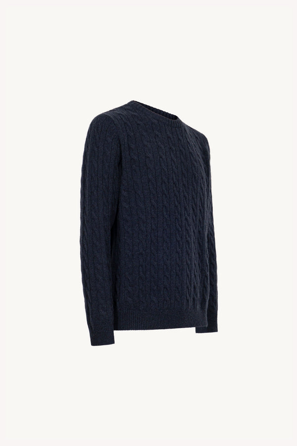 Marine Blue Pure Cashmere 6-Ply Cable-Knit Crew Neck