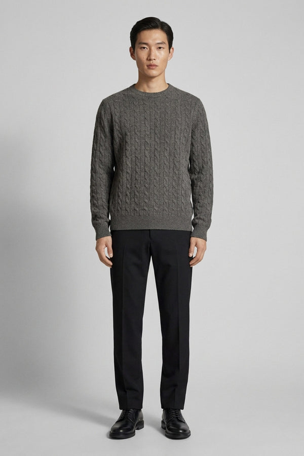 Dark Grey Pure Cashmere 6-Ply Cable-Knit Crew Neck