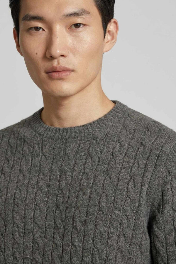 Dark Grey Pure Cashmere 6-Ply Cable-Knit Crew Neck