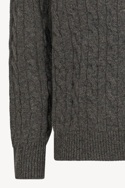 Dark Grey Pure Cashmere 6-Ply Cable-Knit Crew Neck