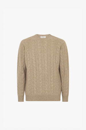 Maglia Girocollo a Trecce 6 Fili in Puro Cashmere Nocciola