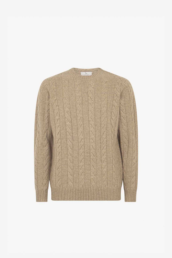 Maglia Girocollo a Trecce 6 Fili in Puro Cashmere Nocciola