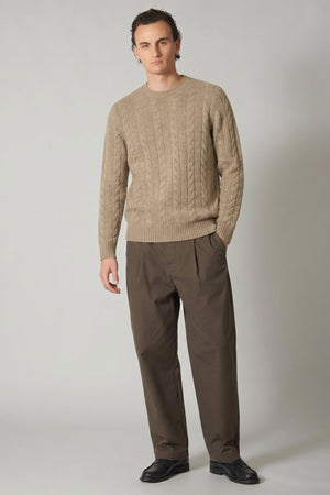 Maglia Girocollo a Trecce 6 Fili in Puro Cashmere Nocciola