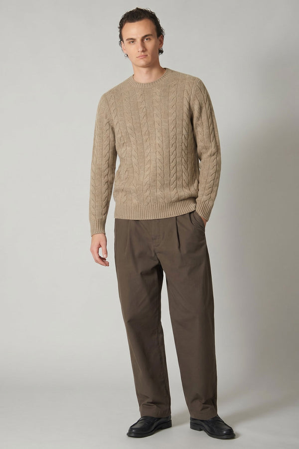 Maglia Girocollo a Trecce 6 Fili in Puro Cashmere Nocciola