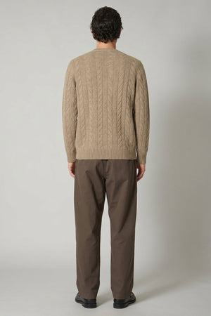 Maglia Girocollo a Trecce 6 Fili in Puro Cashmere Nocciola