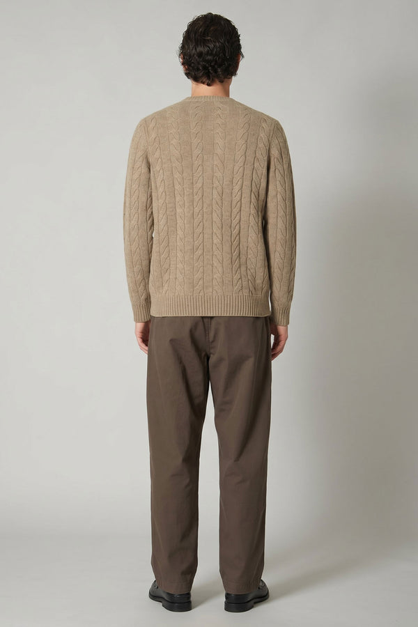Maglia Girocollo a Trecce 6 Fili in Puro Cashmere Nocciola