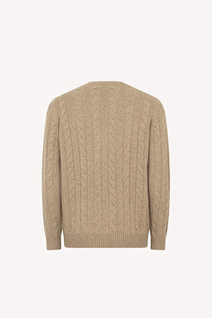 Maglia Girocollo a Trecce 6 Fili in Puro Cashmere Nocciola