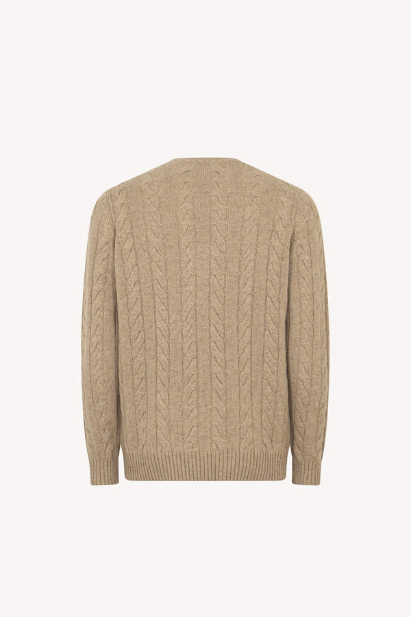 Maglia Girocollo a Trecce 6 Fili in Puro Cashmere Nocciola