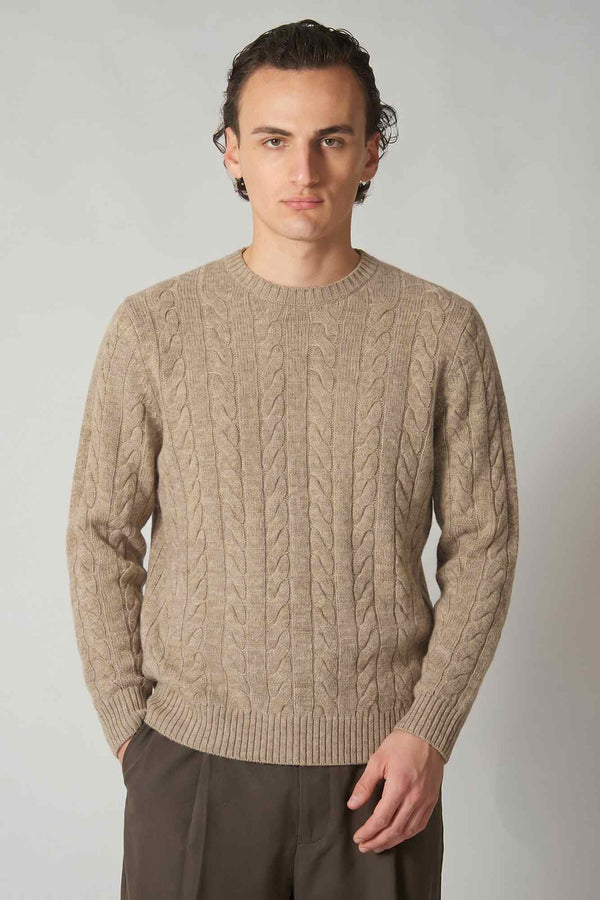 Maglia Girocollo a Trecce 6 Fili in Puro Cashmere Nocciola