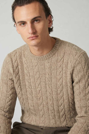 Maglia Girocollo a Trecce 6 Fili in Puro Cashmere Nocciola