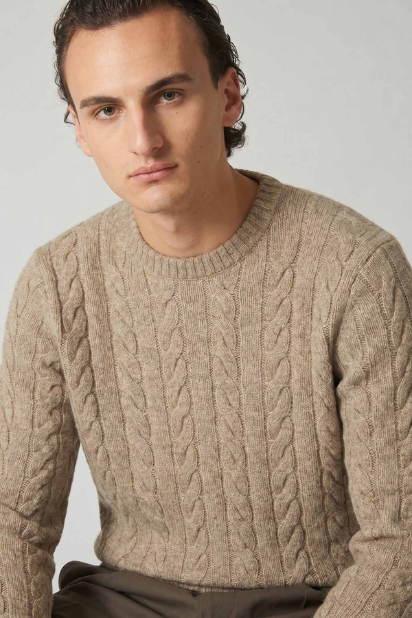 Maglia Girocollo a Trecce 6 Fili in Puro Cashmere Nocciola