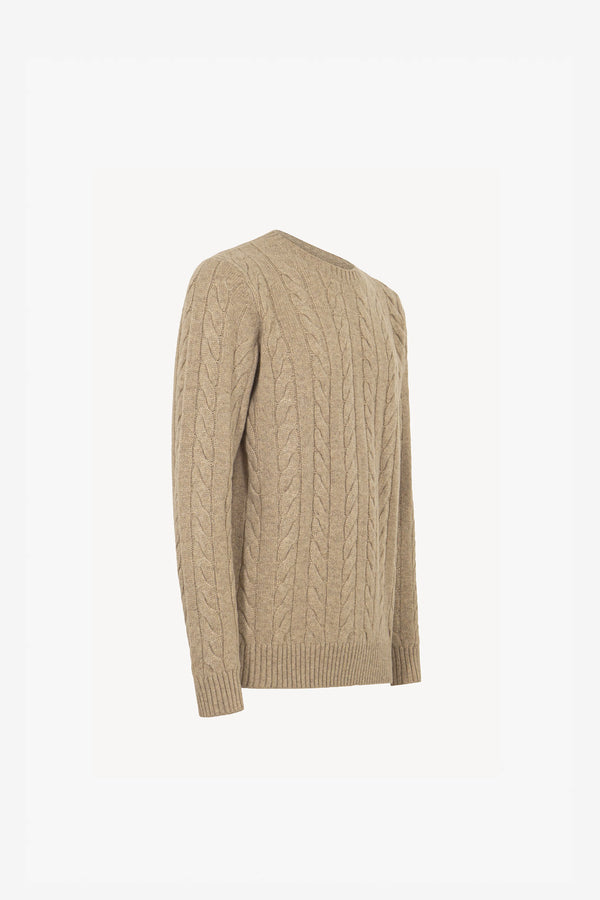 Maglia Girocollo a Trecce 6 Fili in Puro Cashmere Nocciola