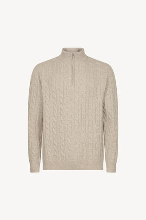 Lupetto Mezza Zip a Trecce 6 Fili in Puro Cashmere Ghiaia