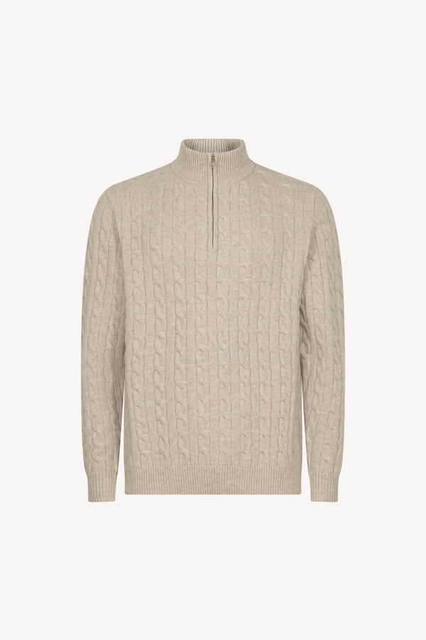 Lupetto Mezza Zip a Trecce 6 Fili in Puro Cashmere Ghiaia
