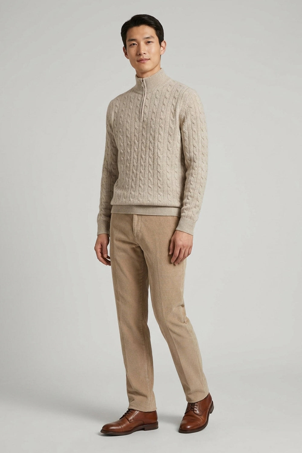 Lupetto Mezza Zip a Trecce 6 Fili in Puro Cashmere Ghiaia