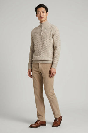 Lupetto Mezza Zip a Trecce 6 Fili in Puro Cashmere Ghiaia