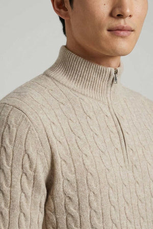 Lupetto Mezza Zip a Trecce 6 Fili in Puro Cashmere Ghiaia