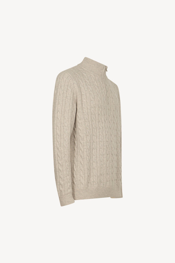 Lupetto Mezza Zip a Trecce 6 Fili in Puro Cashmere Ghiaia