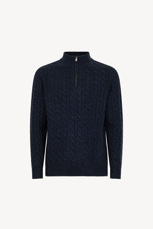 Marine Blue Pure Cashmere 6-Ply Cable-Knit Mock Neck Sweater