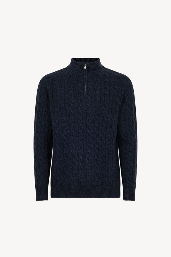 Marine Blue Pure Cashmere 6-Ply Cable-Knit Mock Neck Sweater