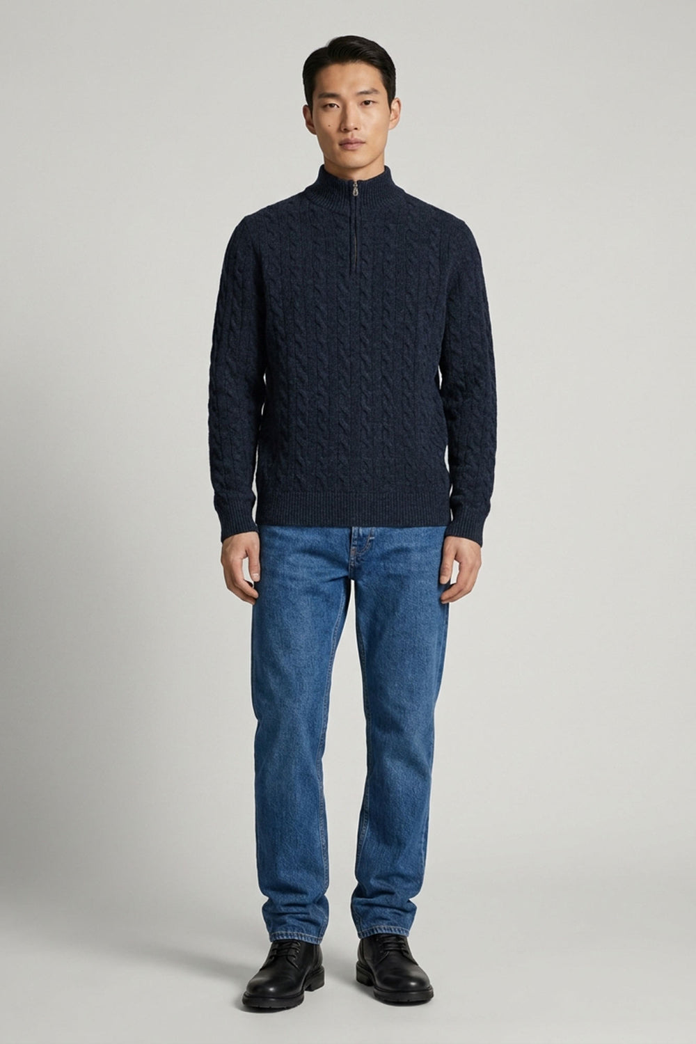 Lupetto Mezza Zip a Trecce 6 Fili in Puro Cashmere Oceano