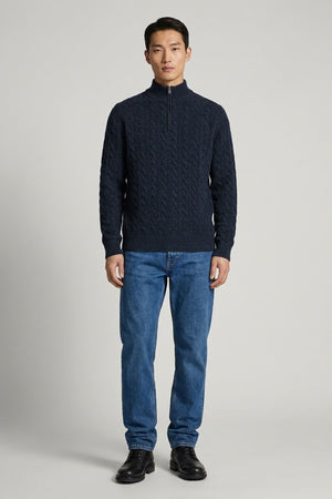 Marine Blue Pure Cashmere 6-Ply Cable-Knit Mock Neck Sweater