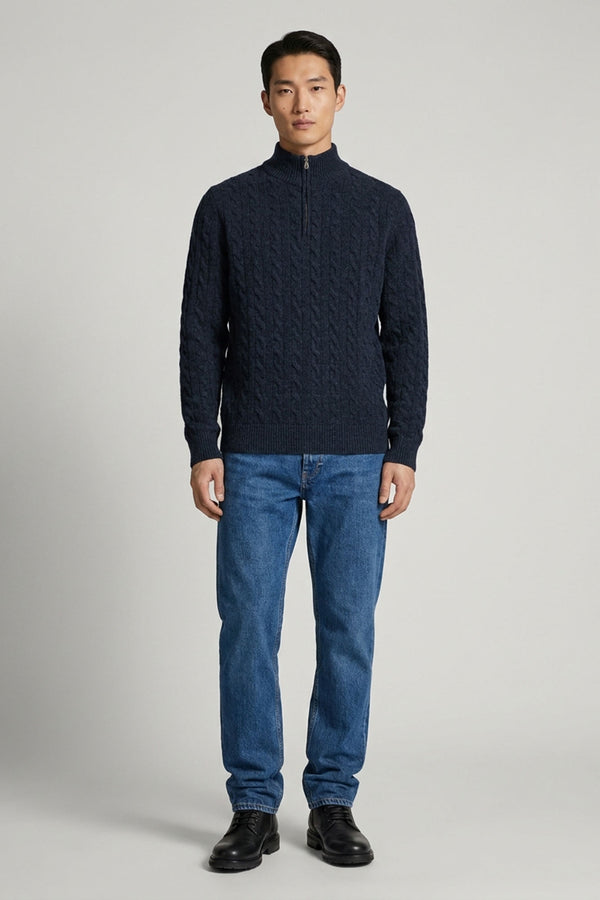 Marine Blue Pure Cashmere 6-Ply Cable-Knit Mock Neck Sweater