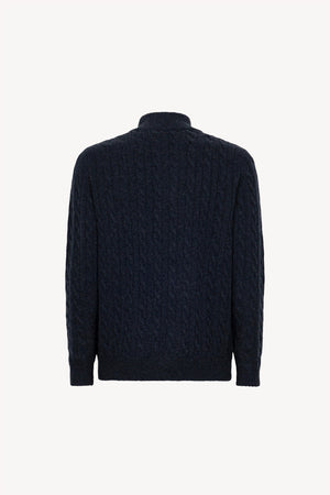 Marine Blue Pure Cashmere 6-Ply Cable-Knit Mock Neck Sweater