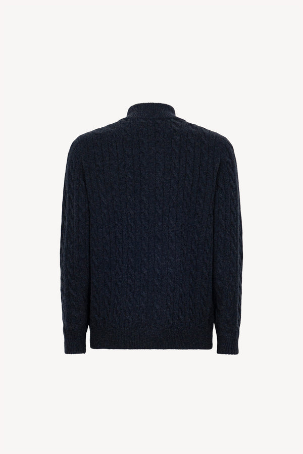 Marine Blue Pure Cashmere 6-Ply Cable-Knit Mock Neck Sweater