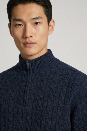 Marine Blue Pure Cashmere 6-Ply Cable-Knit Mock Neck Sweater