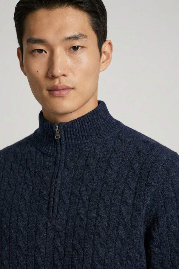Marine Blue Pure Cashmere 6-Ply Cable-Knit Mock Neck Sweater