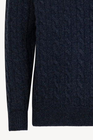 Marine Blue Pure Cashmere 6-Ply Cable-Knit Mock Neck Sweater