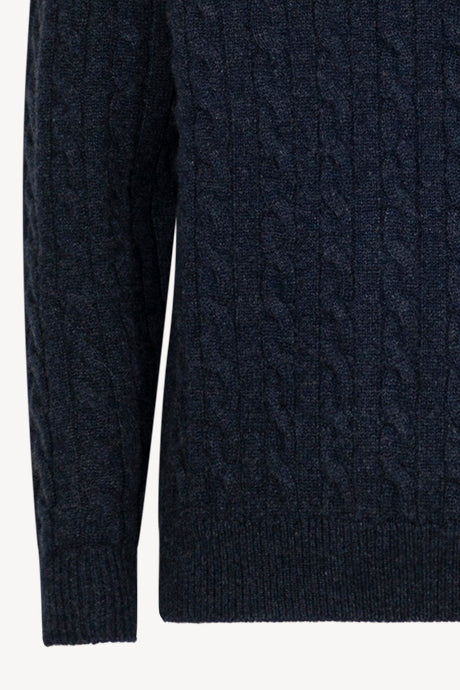 Marine Blue Pure Cashmere 6-Ply Cable-Knit Mock Neck Sweater
