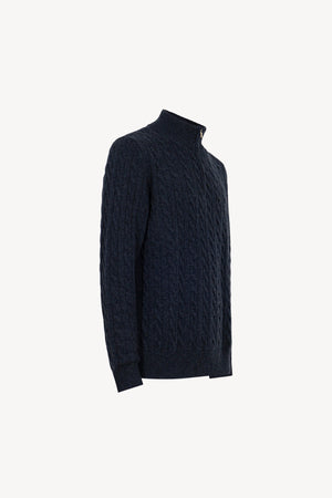 Marine Blue Pure Cashmere 6-Ply Cable-Knit Mock Neck Sweater