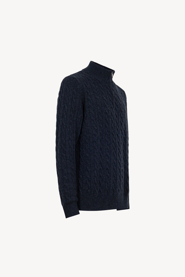 Marine Blue Pure Cashmere 6-Ply Cable-Knit Mock Neck Sweater