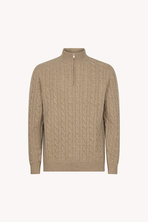 Lupetto Mezza Zip a Trecce 6 Fili in Puro Cashmere Nocciola