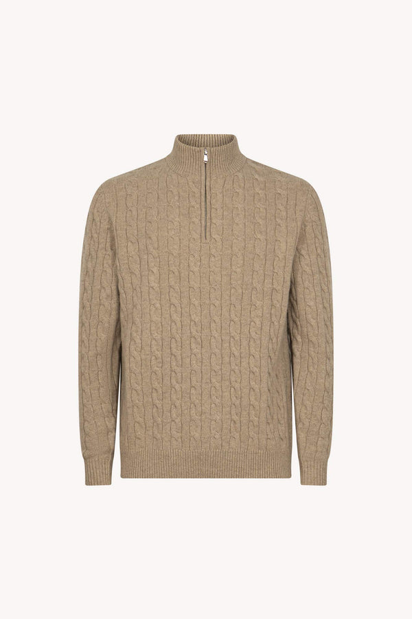 Lupetto Mezza Zip a Trecce 6 Fili in Puro Cashmere Nocciola