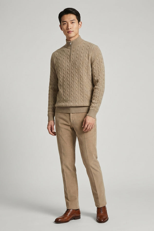Lupetto Mezza Zip a Trecce 6 Fili in Puro Cashmere Nocciola