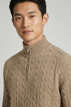Lupetto Mezza Zip a Trecce 6 Fili in Puro Cashmere Nocciola