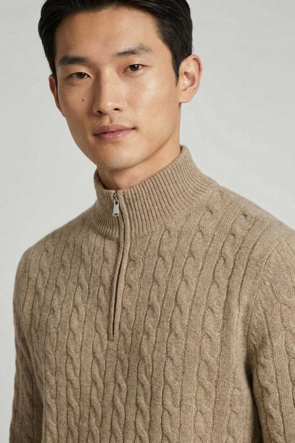 Lupetto Mezza Zip a Trecce 6 Fili in Puro Cashmere Nocciola